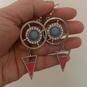 Silver Drop Earrings with Light Blue Center and Pink Triangle Accent
